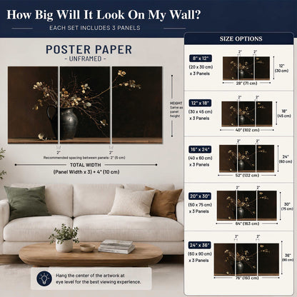 Fine flowering branches in a small dark vase on a wooden table against a deep brown background set of 3 poster prints size guide above a sofa; room view is illustrative