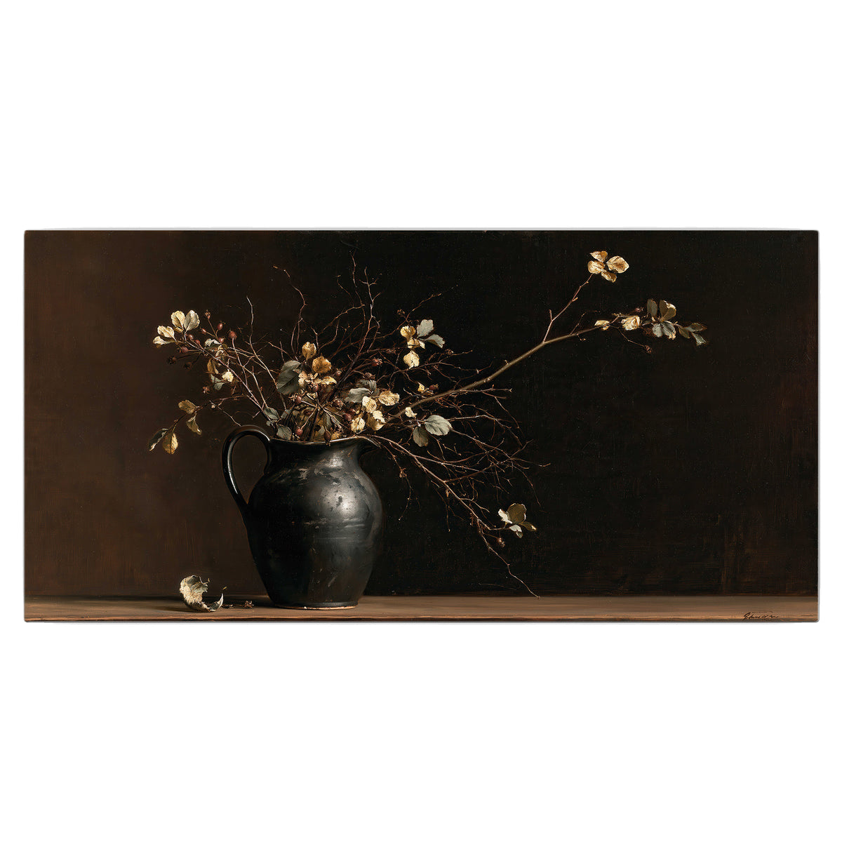 Fine flowering branches in a small dark vase on a wooden table against a deep brown background single canvas wall art viewed straight on