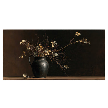 Fine flowering branches in a small dark vase on a wooden table against a deep brown background single canvas wall art viewed straight on