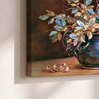 White and peach flowering branches arranged in a blue vase against a warm ochre background 3 piece canvas wall art material and edge close up