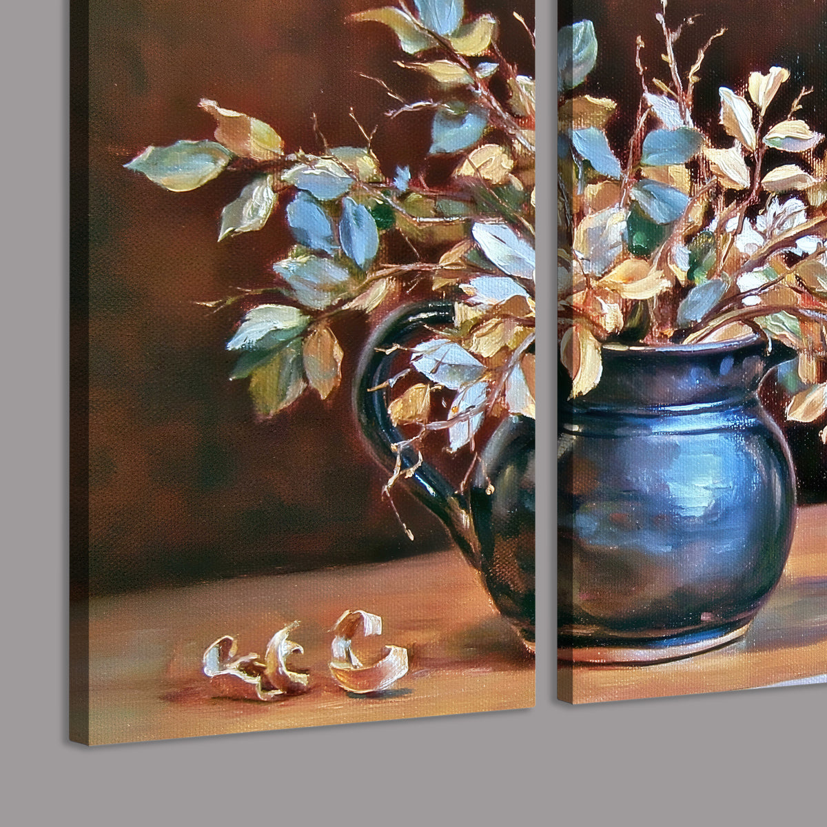 White and peach flowering branches arranged in a blue vase against a warm ochre background 3 piece canvas wall art room and product view