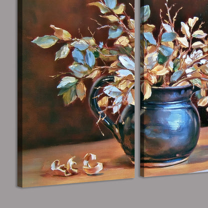White and peach flowering branches arranged in a blue vase against a warm ochre background 3 piece canvas wall art room and product view