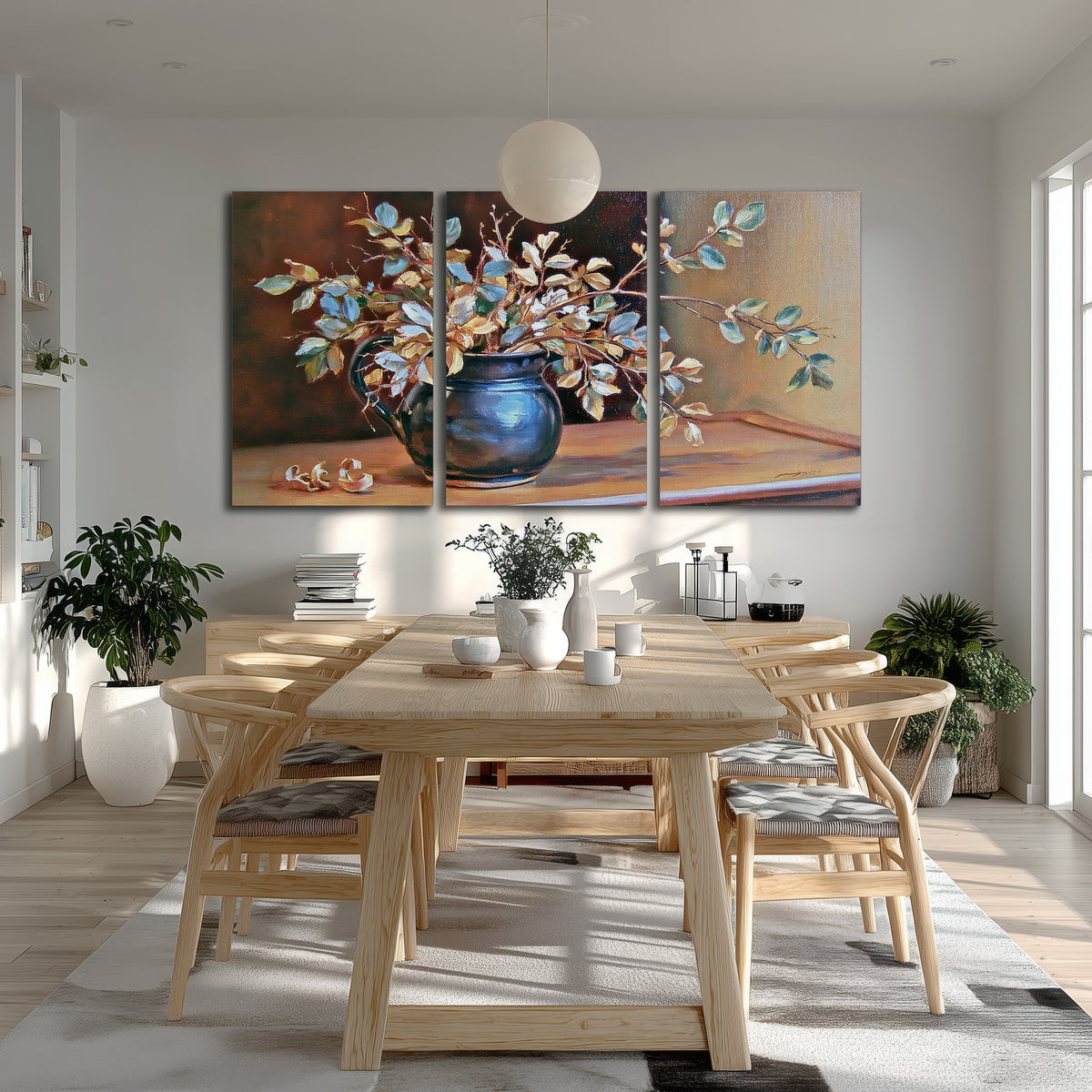 White and peach flowering branches arranged in a blue vase against a warm ochre background 3 piece canvas wall art room and product view