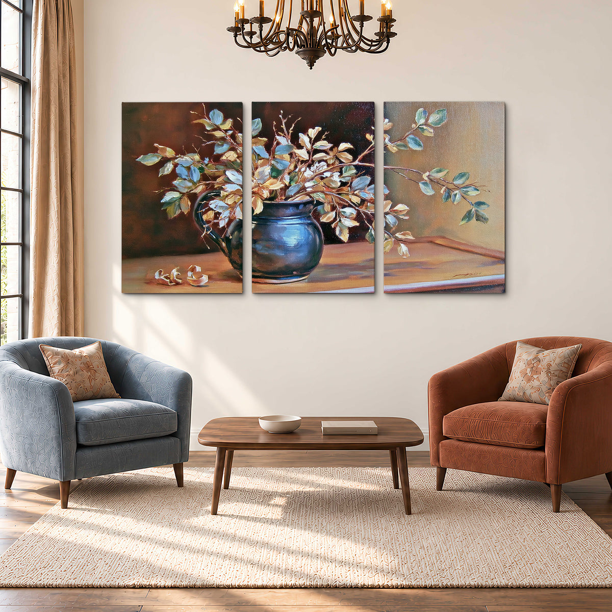 White and peach flowering branches arranged in a blue vase against a warm ochre background 3 piece canvas wall art styled in an interior