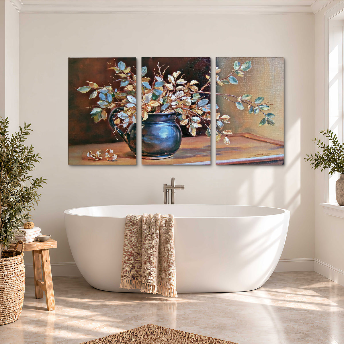 White and peach flowering branches arranged in a blue vase against a warm ochre background 3 piece canvas wall art styled in an interior