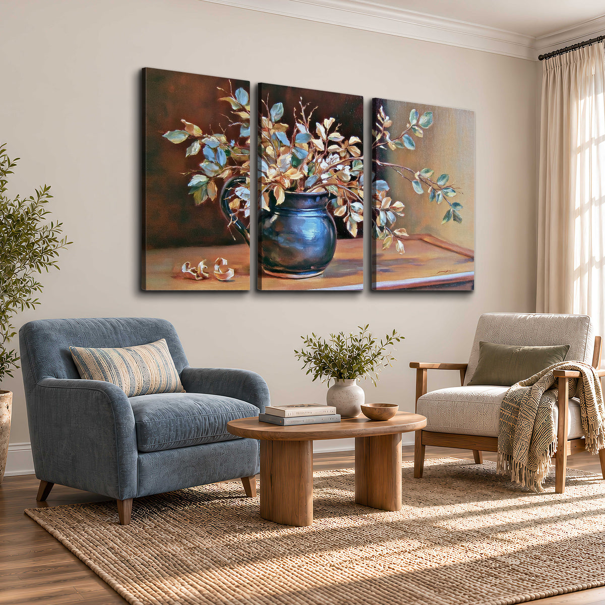 White and peach flowering branches arranged in a blue vase against a warm ochre background 3 piece canvas wall art styled in an interior