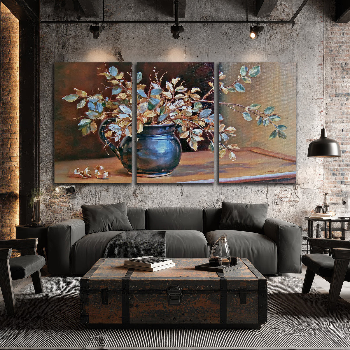 White and peach flowering branches arranged in a blue vase against a warm ochre background 3 piece canvas wall art displayed in a industrial room