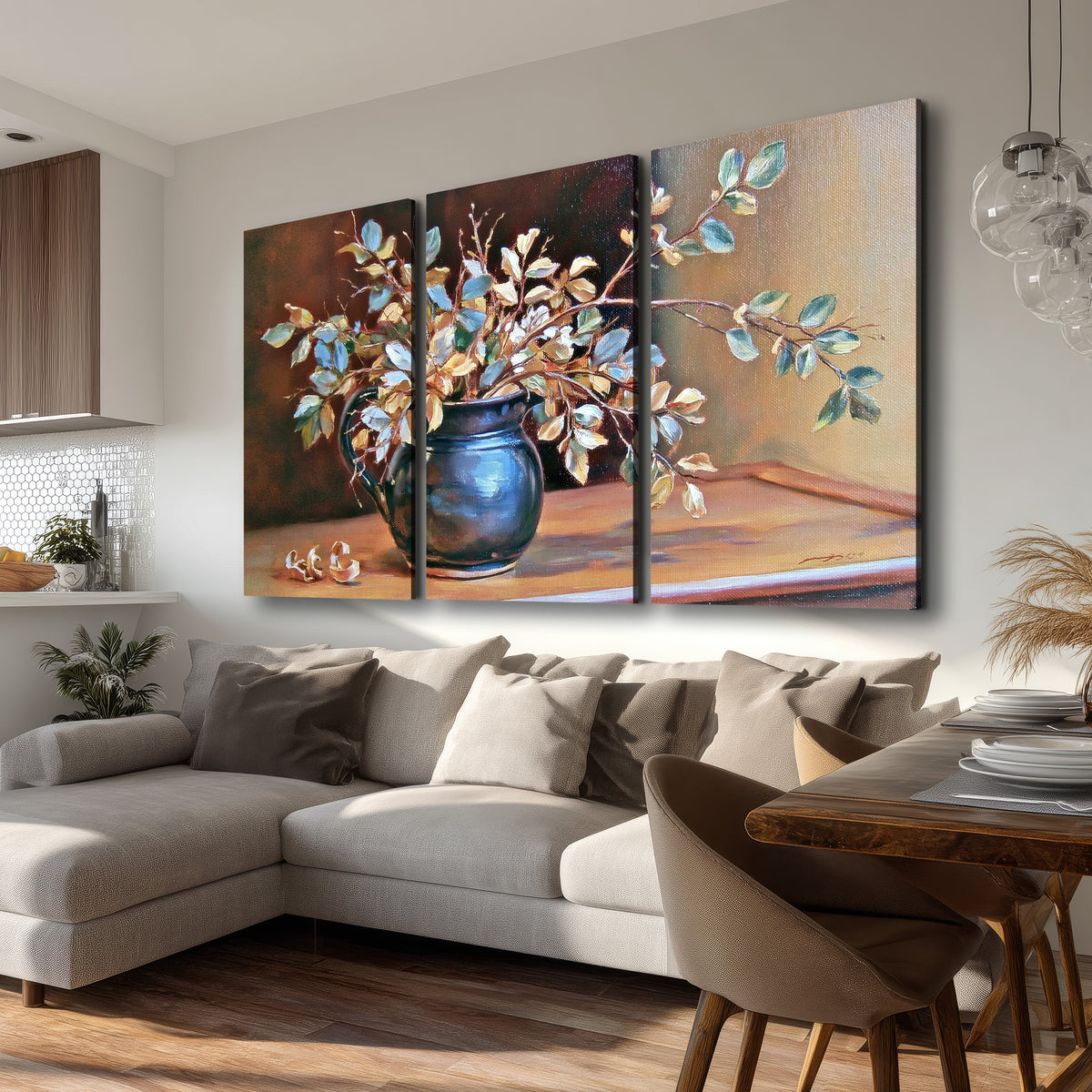 White and peach flowering branches arranged in a blue vase against a warm ochre background 3 piece canvas wall art room and product view