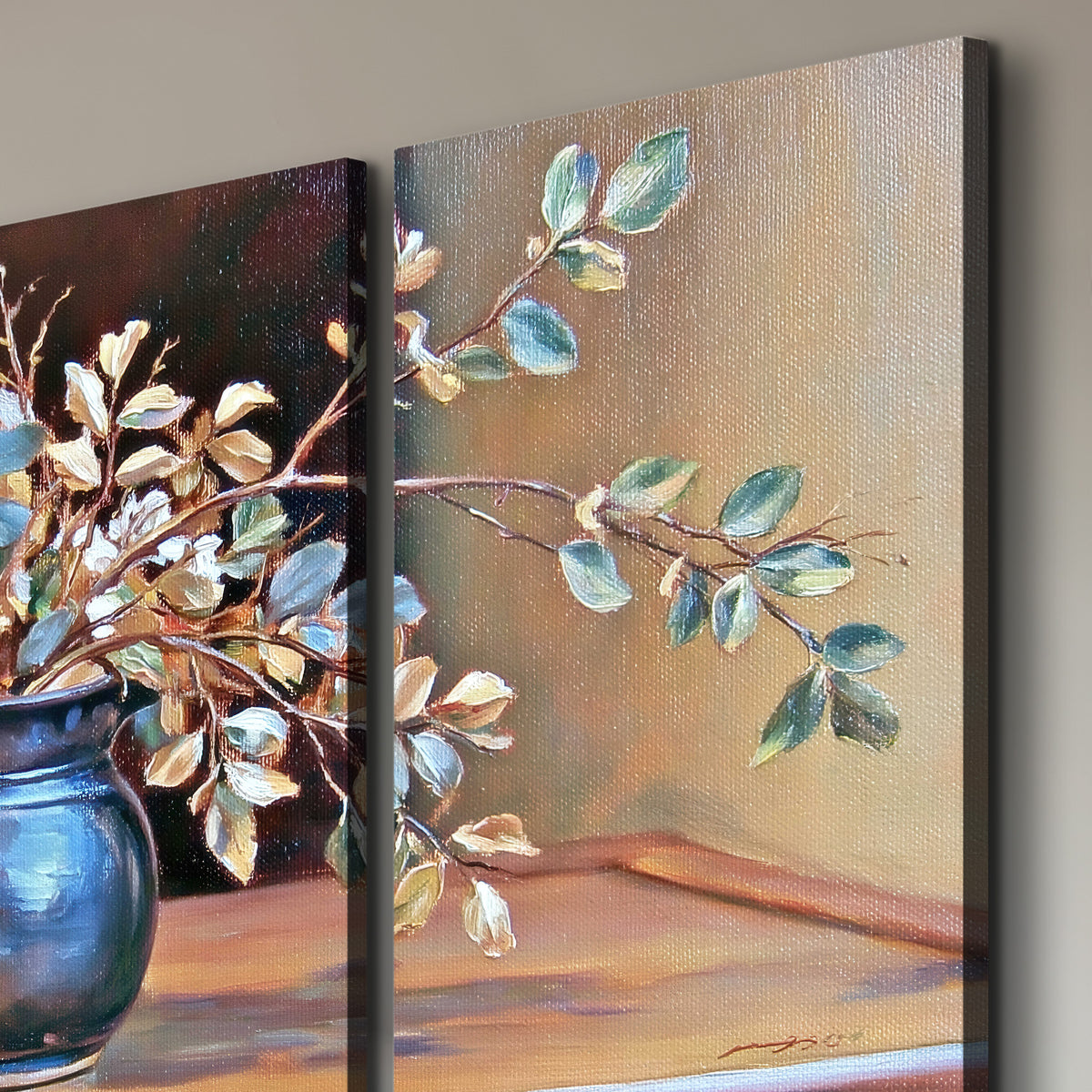 White and peach flowering branches arranged in a blue vase against a warm ochre background 3 piece canvas wall art room and product view