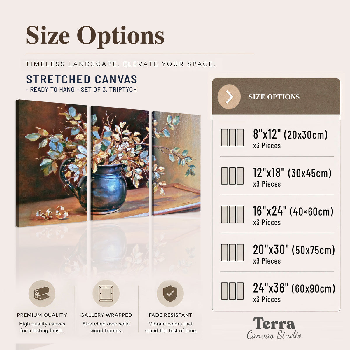 White and peach flowering branches arranged in a blue vase against a warm ochre background 3 piece canvas wall art available dimensions; triptych dimensions are per panel