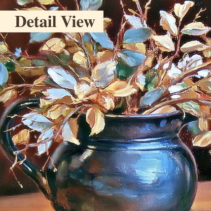 White and peach flowering branches arranged in a blue vase against a warm ochre background 3 piece canvas wall art artwork detail close up