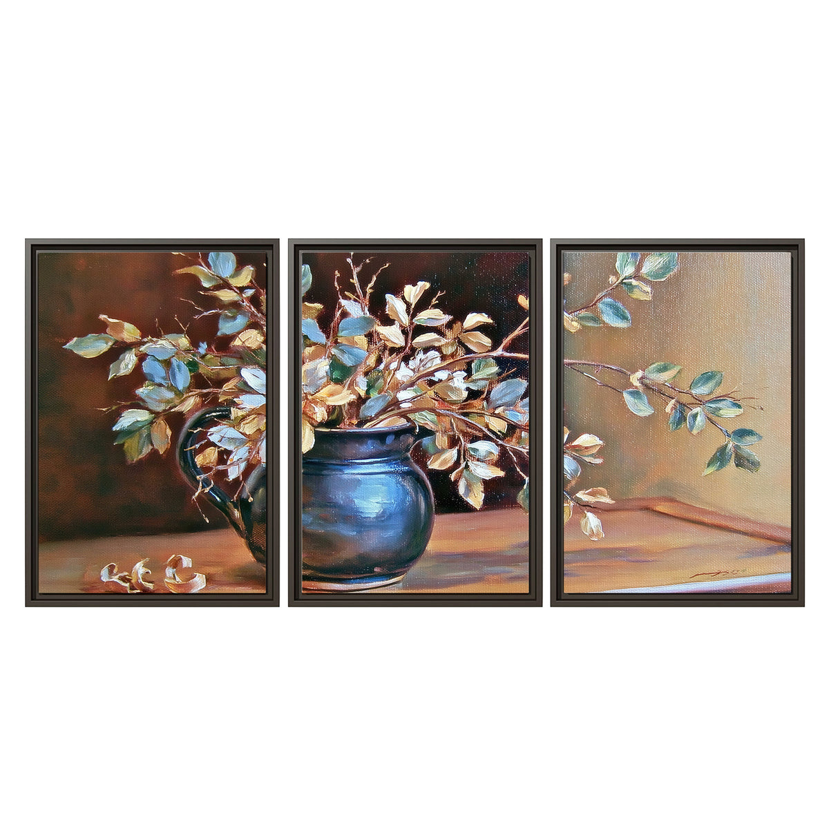 White and peach flowering branches arranged in a blue vase against a warm ochre background 3 piece framed canvas wall art viewed straight on