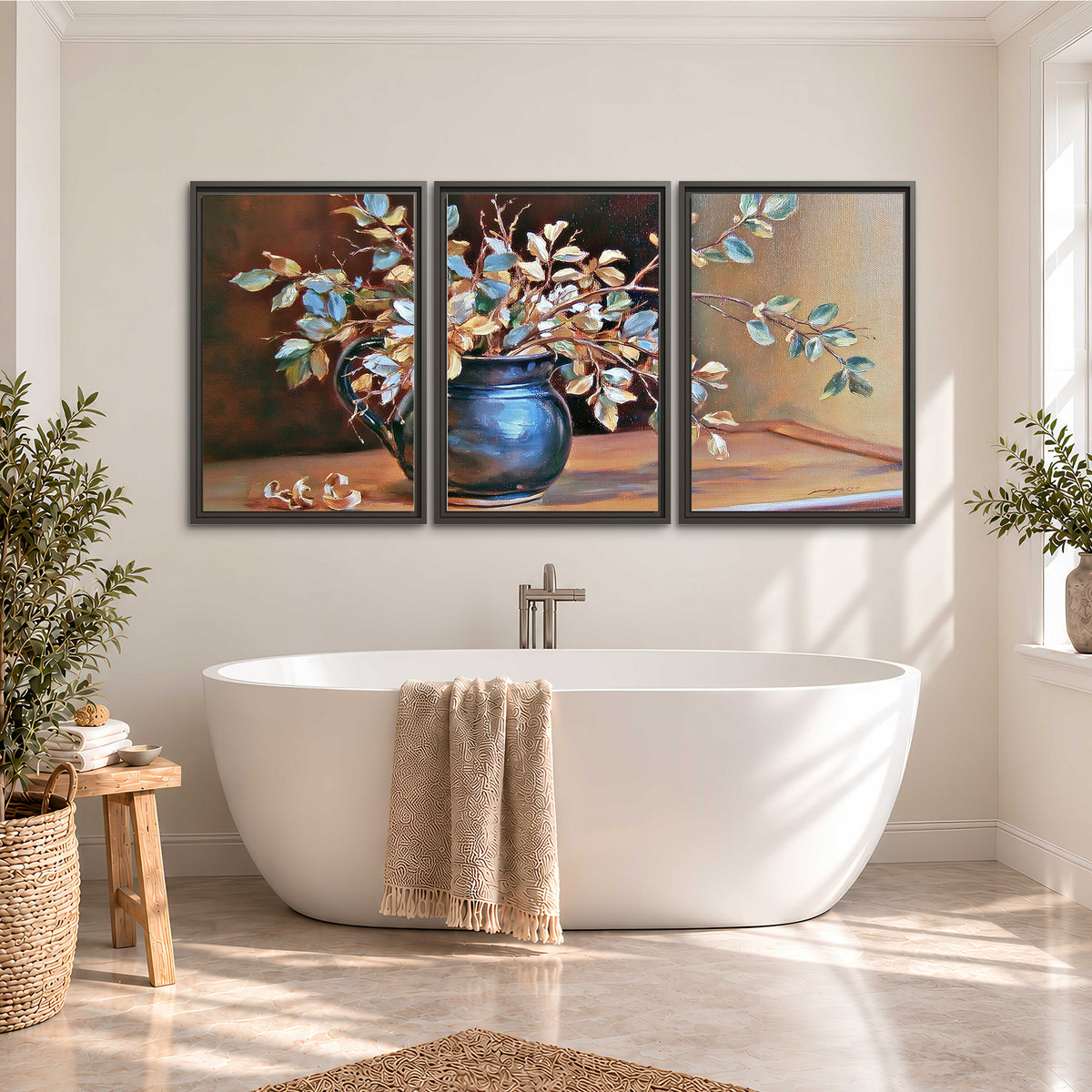 White and peach flowering branches arranged in a blue vase against a warm ochre background 3 piece framed canvas wall art styled in an interior