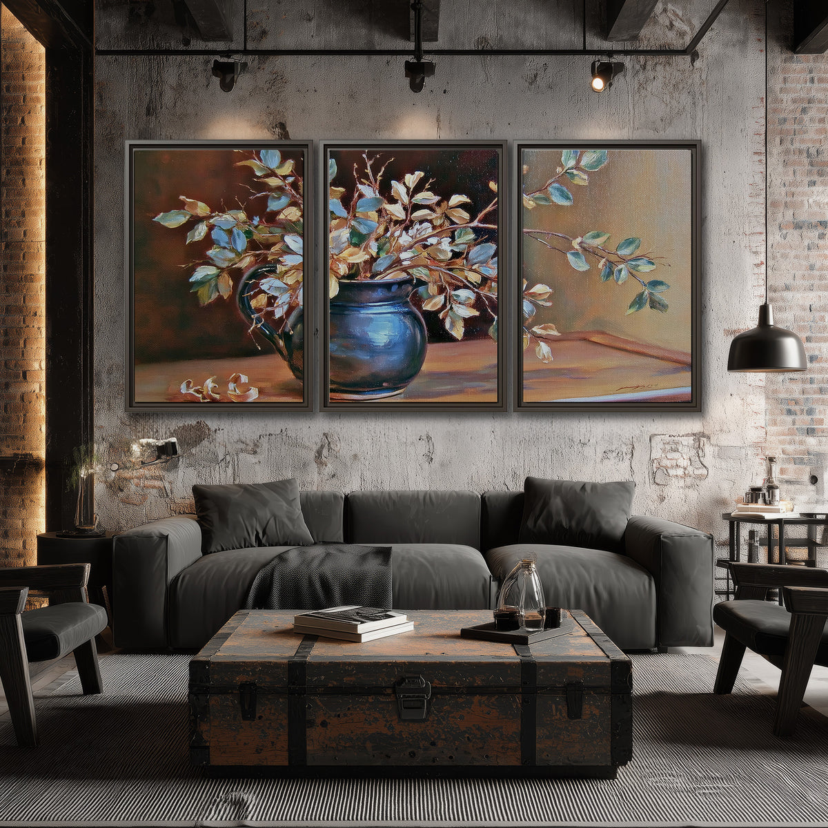 White and peach flowering branches arranged in a blue vase against a warm ochre background 3 piece framed canvas wall art displayed in a industrial room