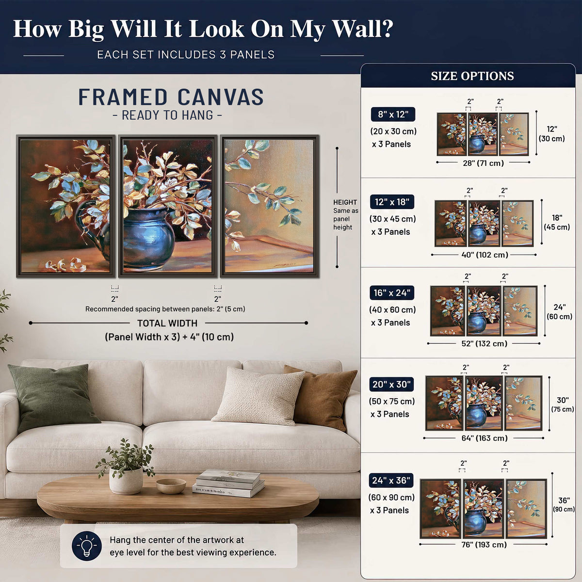 White and peach flowering branches arranged in a blue vase against a warm ochre background 3 piece framed canvas wall art size guide above a sofa; room view is illustrative