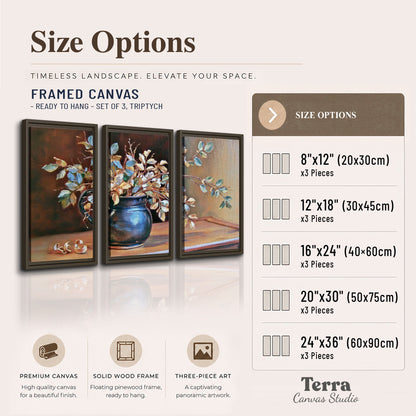 White and peach flowering branches arranged in a blue vase against a warm ochre background 3 piece framed canvas wall art available dimensions; triptych dimensions are per panel