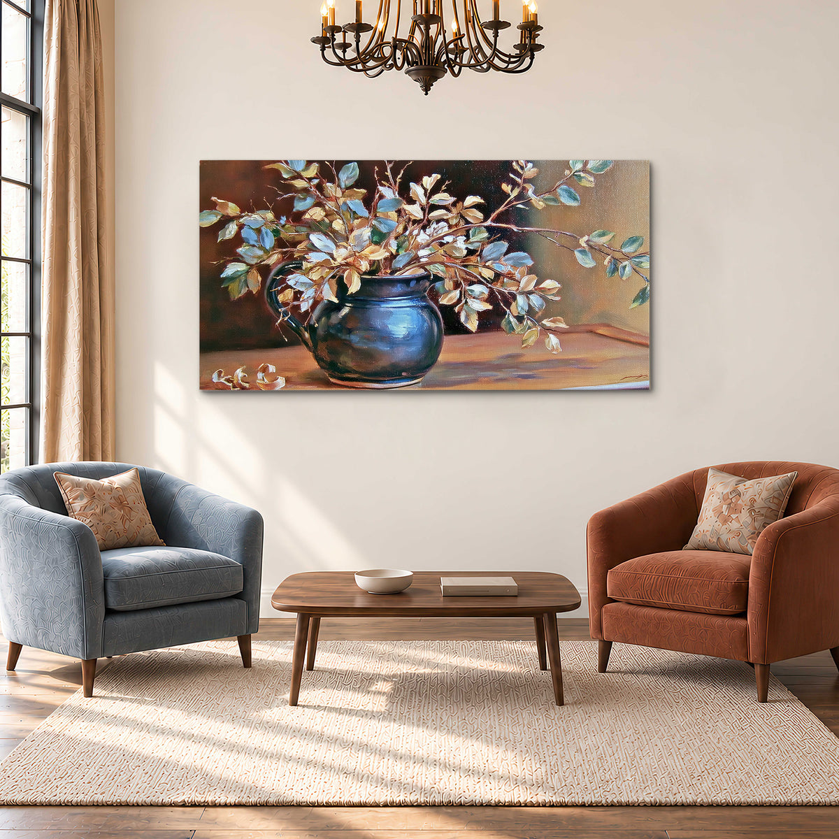 White and peach flowering branches arranged in a blue vase against a warm ochre background single canvas wall art styled in an interior
