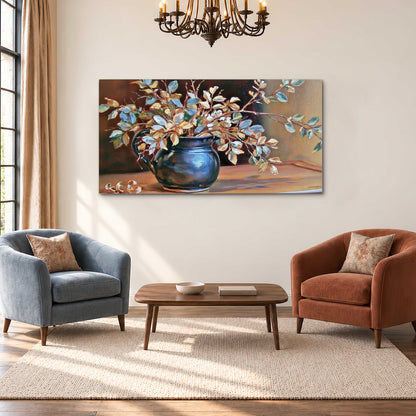 White and peach flowering branches arranged in a blue vase against a warm ochre background single canvas wall art styled in an interior