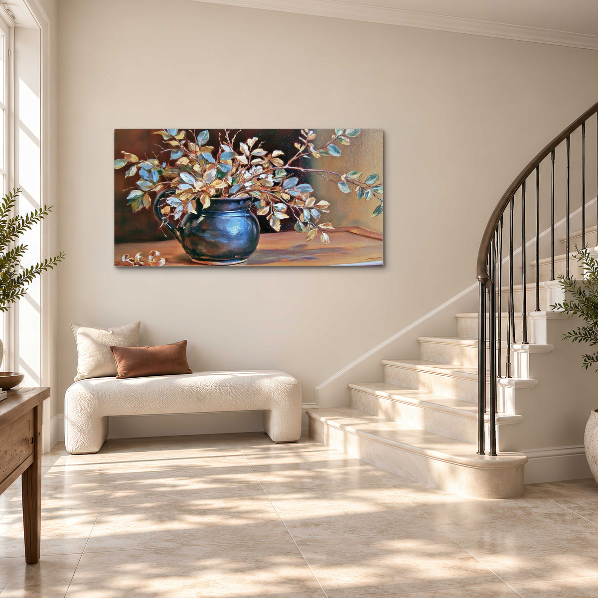 White and peach flowering branches arranged in a blue vase against a warm ochre background single canvas wall art styled in an interior