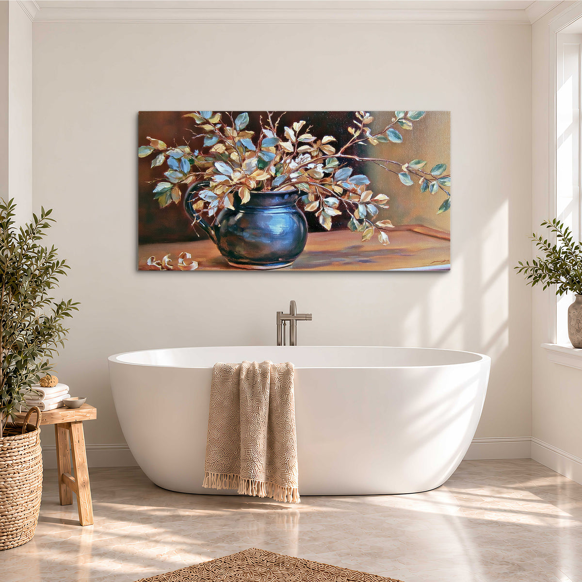 White and peach flowering branches arranged in a blue vase against a warm ochre background single canvas wall art styled in an interior