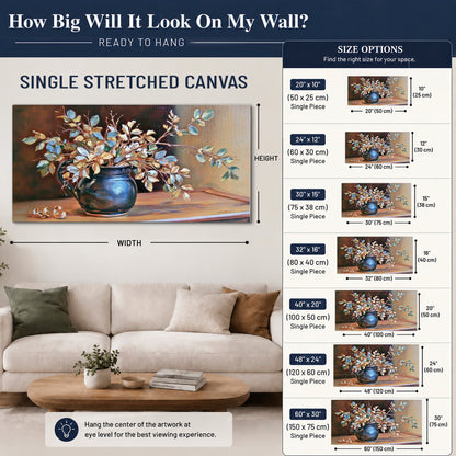 White and peach flowering branches arranged in a blue vase against a warm ochre background single canvas wall art size guide above a sofa; room view is illustrative