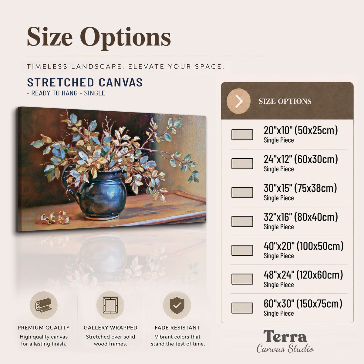 White and peach flowering branches arranged in a blue vase against a warm ochre background single canvas wall art available dimensions