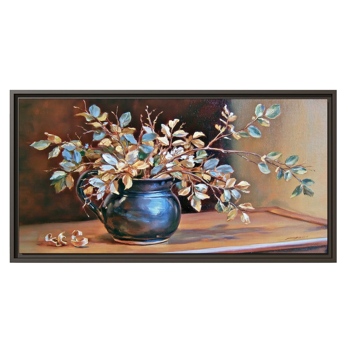 White and peach flowering branches arranged in a blue vase against a warm ochre background single framed canvas wall art viewed straight on
