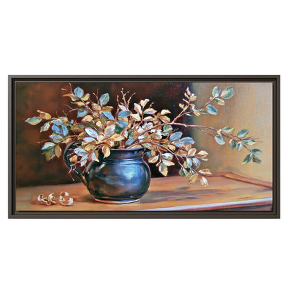 White and peach flowering branches arranged in a blue vase against a warm ochre background single framed canvas wall art viewed straight on