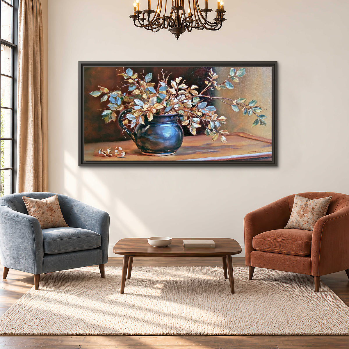 White and peach flowering branches arranged in a blue vase against a warm ochre background single framed canvas wall art styled in an interior