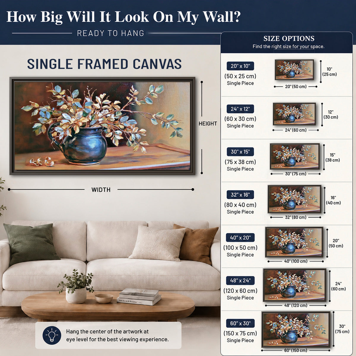 White and peach flowering branches arranged in a blue vase against a warm ochre background single framed canvas wall art size guide above a sofa; room view is illustrative