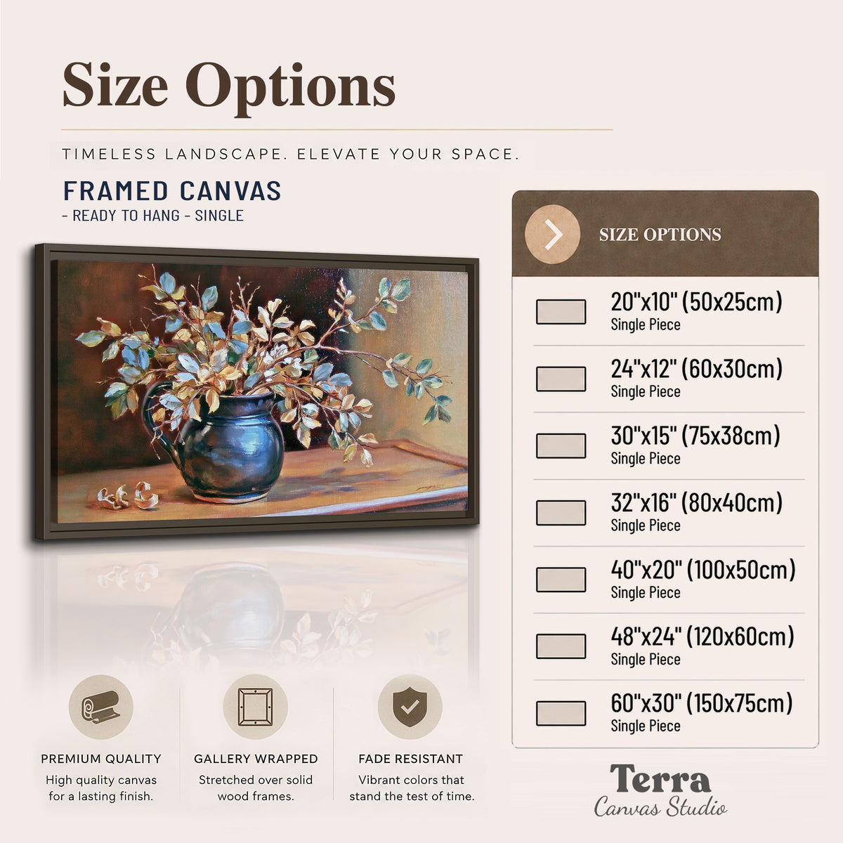 White and peach flowering branches arranged in a blue vase against a warm ochre background single framed canvas wall art available dimensions