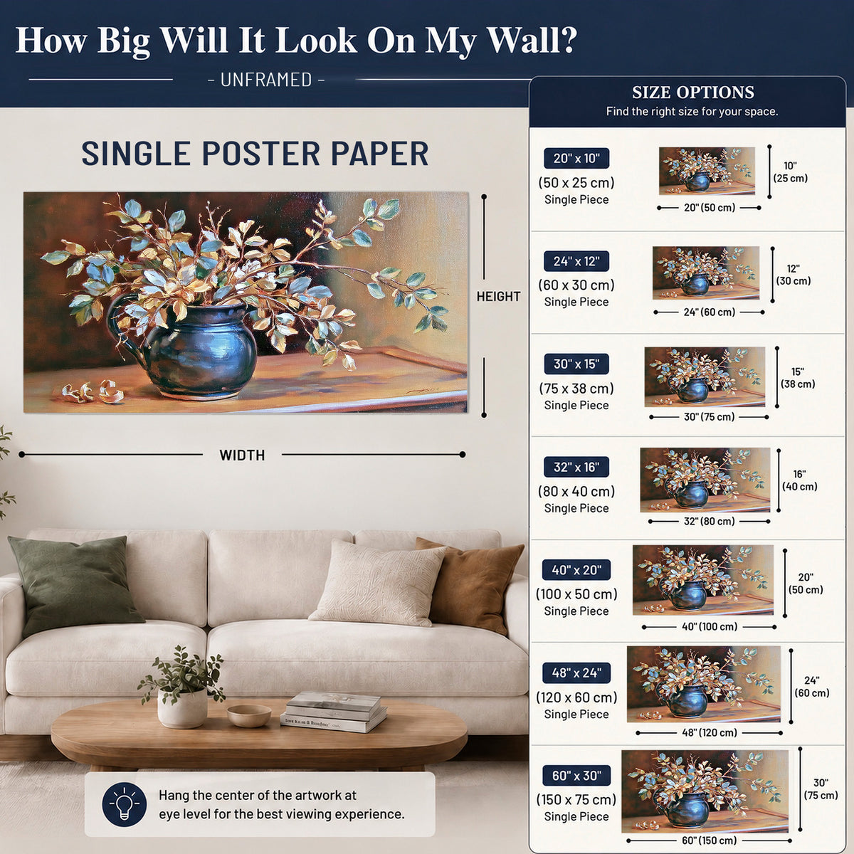 White and peach flowering branches arranged in a blue vase against a warm ochre background single poster print size guide above a sofa; room view is illustrative