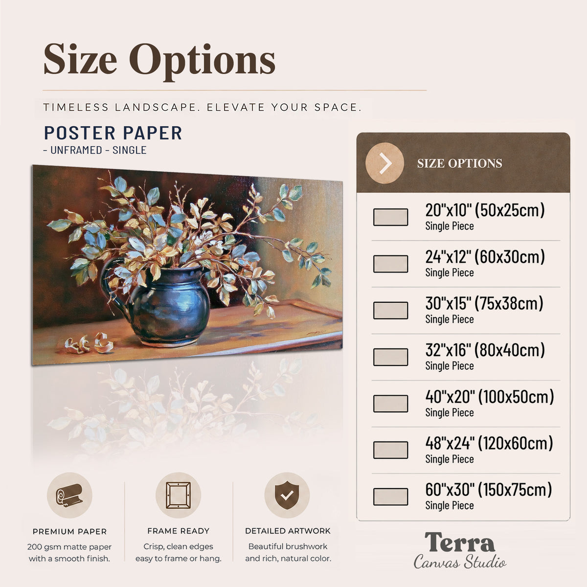 White and peach flowering branches arranged in a blue vase against a warm ochre background single poster print available dimensions