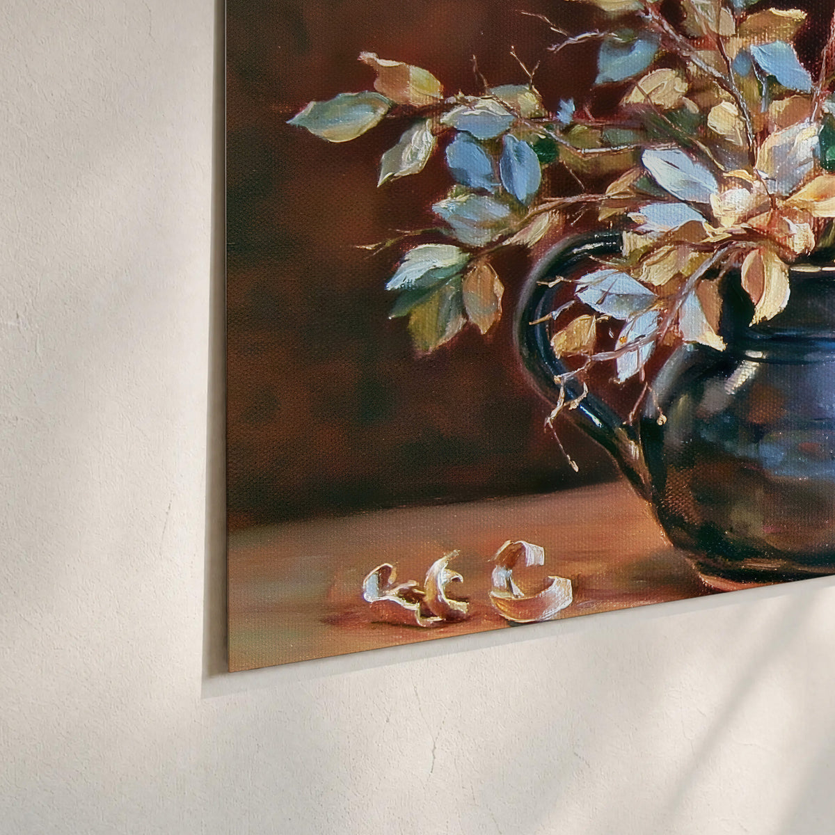 White and peach flowering branches arranged in a blue vase against a warm ochre background set of 3 poster prints material and edge close up