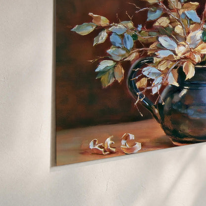 White and peach flowering branches arranged in a blue vase against a warm ochre background set of 3 poster prints material and edge close up