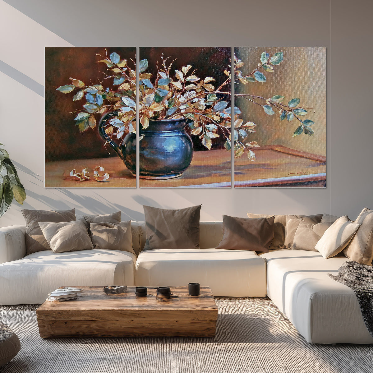White and peach flowering branches arranged in a blue vase against a warm ochre background set of 3 poster prints displayed in a living room