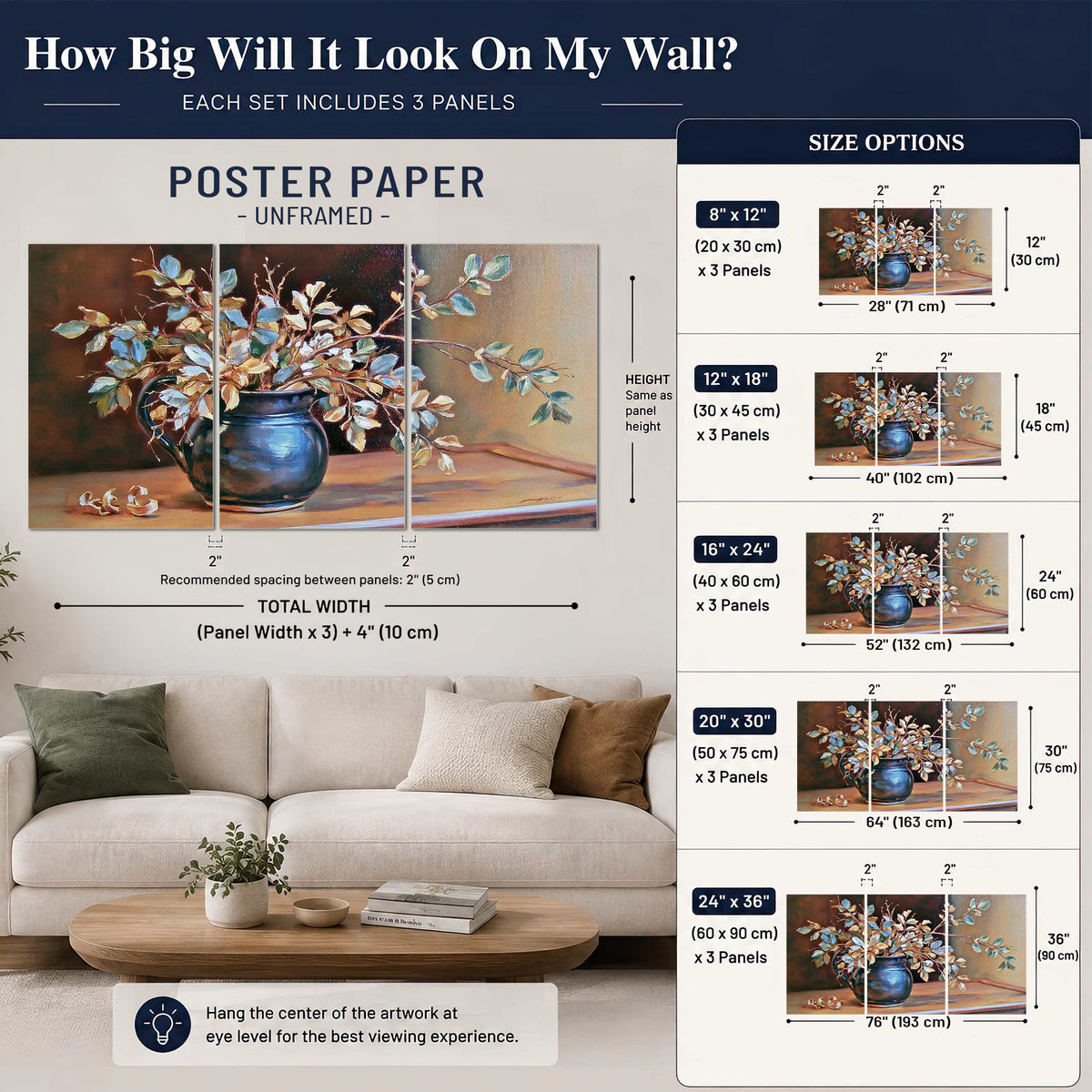 White and peach flowering branches arranged in a blue vase against a warm ochre background set of 3 poster prints size guide above a sofa; room view is illustrative