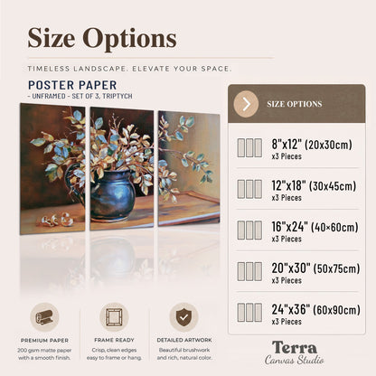 White and peach flowering branches arranged in a blue vase against a warm ochre background set of 3 poster prints available dimensions; triptych dimensions are per panel