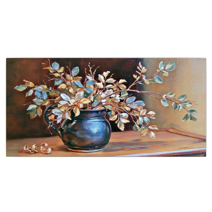 White and peach flowering branches arranged in a blue vase against a warm ochre background single canvas wall art viewed straight on