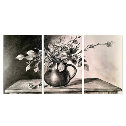 Leafy flowering branches in a rounded pitcher rendered in expressive charcoal-style strokes 3 piece canvas wall art viewed straight on