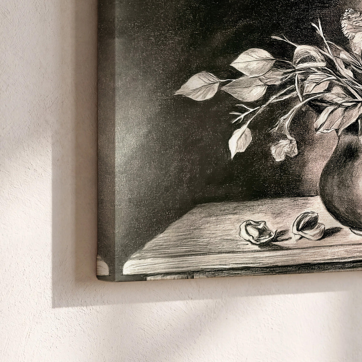 Leafy flowering branches in a rounded pitcher rendered in expressive charcoal-style strokes 3 piece canvas wall art material and edge close up