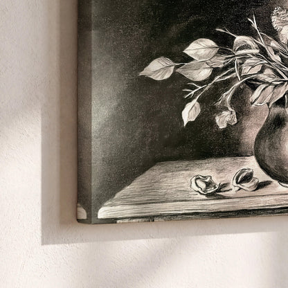 Leafy flowering branches in a rounded pitcher rendered in expressive charcoal-style strokes 3 piece canvas wall art material and edge close up
