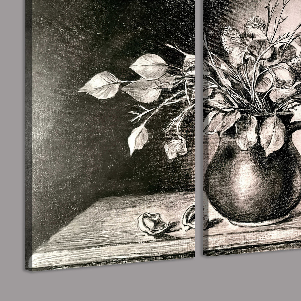 Leafy flowering branches in a rounded pitcher rendered in expressive charcoal-style strokes 3 piece canvas wall art room and product view