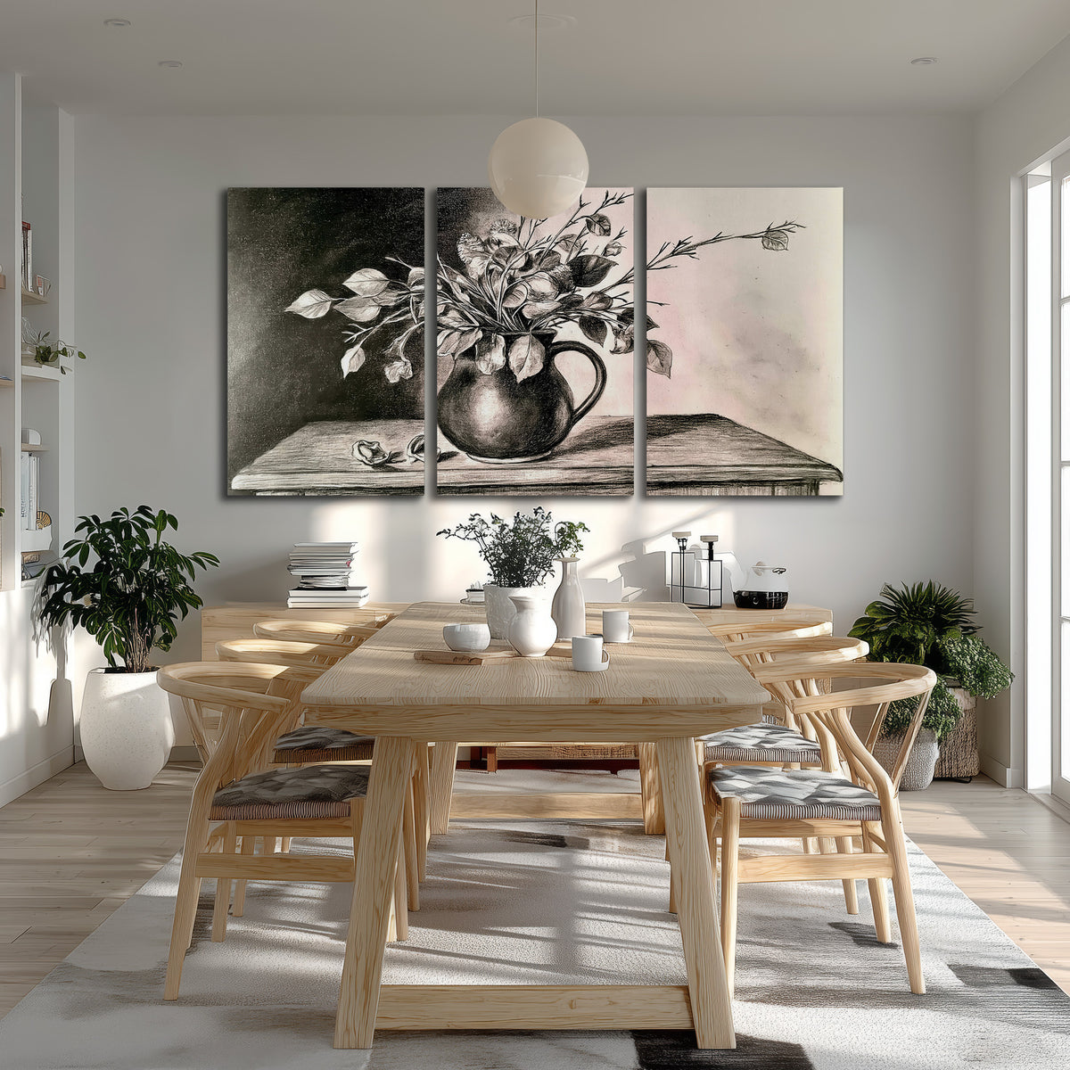 Leafy flowering branches in a rounded pitcher rendered in expressive charcoal-style strokes 3 piece canvas wall art room and product view