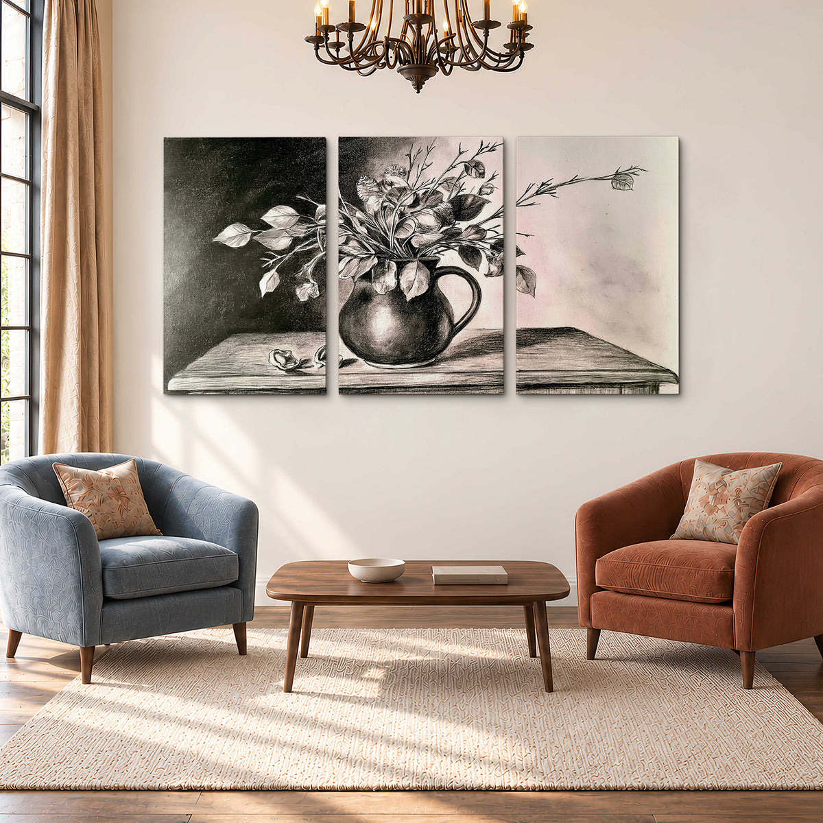 Leafy flowering branches in a rounded pitcher rendered in expressive charcoal-style strokes 3 piece canvas wall art styled in an interior