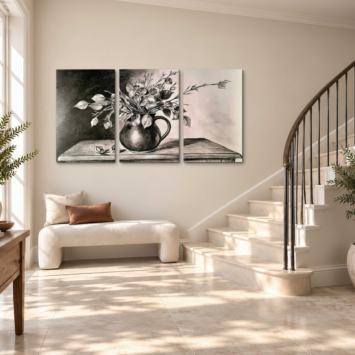 Leafy flowering branches in a rounded pitcher rendered in expressive charcoal-style strokes 3 piece canvas wall art styled in an interior