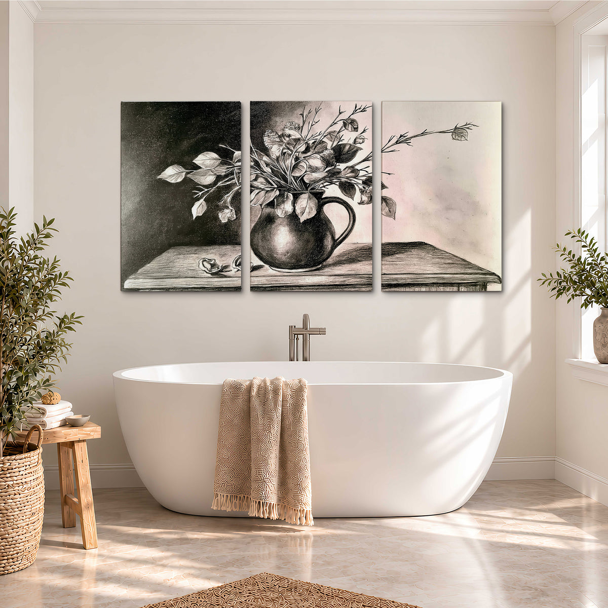 Leafy flowering branches in a rounded pitcher rendered in expressive charcoal-style strokes 3 piece canvas wall art styled in an interior