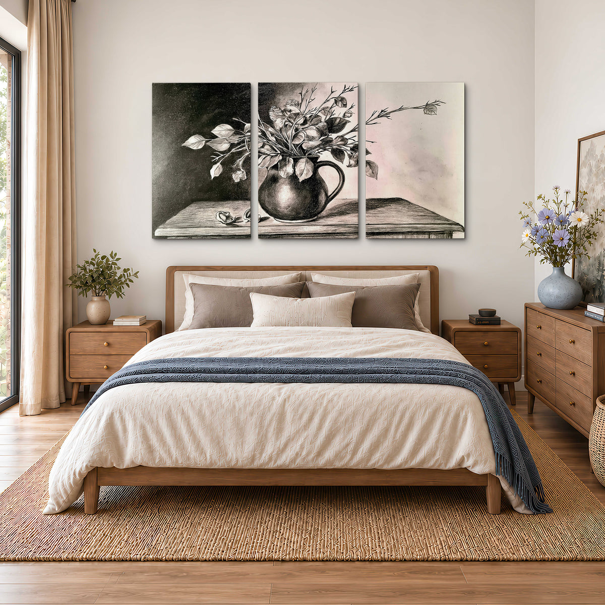 Leafy flowering branches in a rounded pitcher rendered in expressive charcoal-style strokes 3 piece canvas wall art styled in an interior