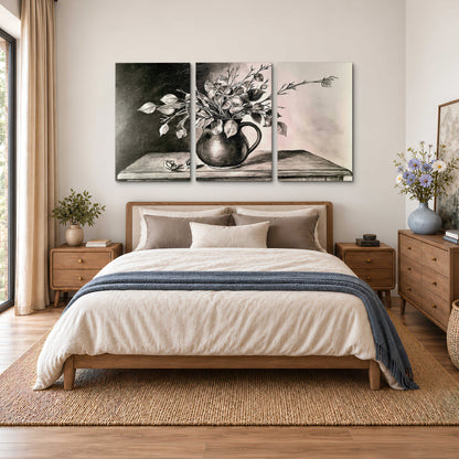 Leafy flowering branches in a rounded pitcher rendered in expressive charcoal-style strokes 3 piece canvas wall art styled in an interior