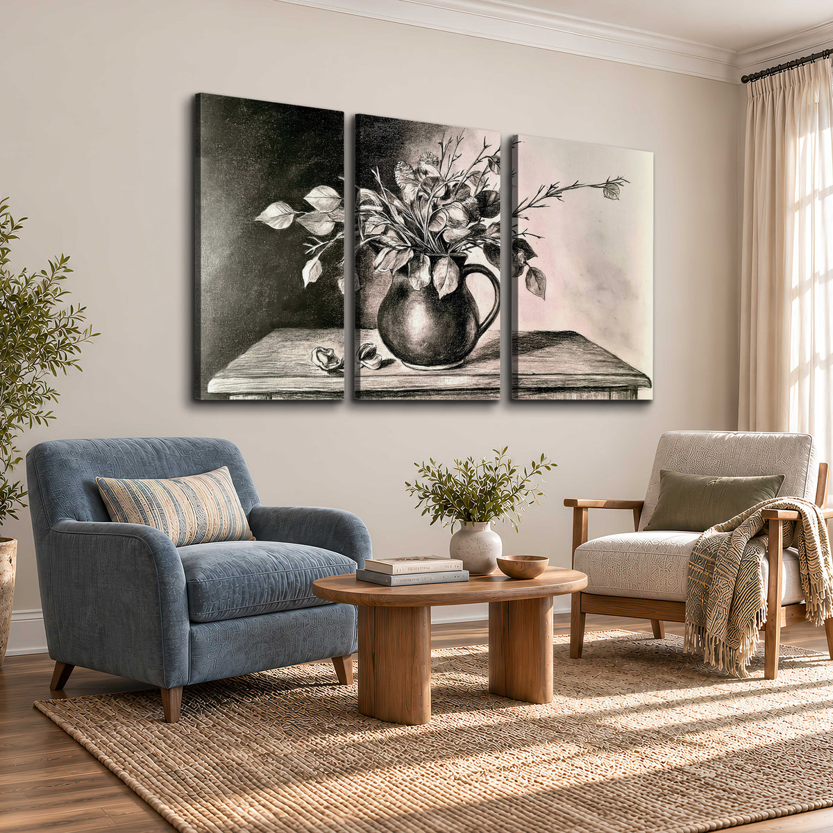 Leafy flowering branches in a rounded pitcher rendered in expressive charcoal-style strokes 3 piece canvas wall art styled in an interior